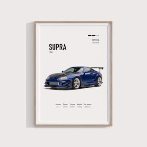 May include: A framed poster featuring a blue 1998 Toyota Supra with a black bonnet and rear wing. The text reads Supra 1998, Toyota Ridox Edition, and lists technical specifications including a 3.0 L engine, 330hp, 440Nm torque, 1500kg weight, and 380km/h top speed.