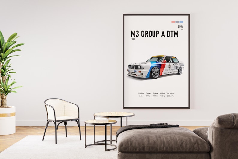 May include: A framed poster showing a BMW M3 Group A DTM race car from 1989. The car is white with blue, red, and yellow details. The poster includes technical specifications and the BMW logo.