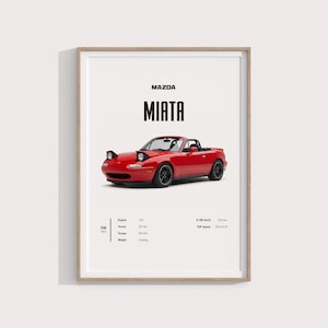 Puede incluir: Una lámina enmarcada con un Mazda Miata descapotable rojo con faros escamoteables. El texto dice MAZDA MIATA, YEAR 1997, Engine 1.8 L, Power 133 Hp, Torque 155 Nm, Weight 1060 Kg, 0-100 Km/h 8.8 sec, Top Speed 206 Km/h.