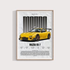 Pode incluir: Uma impressão emoldurada com uma ilustração de um carro esportivo Mazda RX-7 amarelo. A imagem inclui especificações técnicas como potência, cilindrada, velocidade máxima e torque. O carro é retratado com uma asa traseira e rodas marrons.