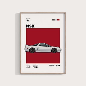May include: Framed print featuring a white Honda NSX sports car illustration against a red background. The print includes the car's specifications: 274 hp, 5.2 sec, 3.0 Turbo, 270 km/h, 1370 kg, and 285 N/m. The text "NSX" and the years "1990-1997" are also displayed.