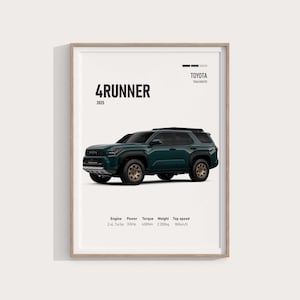 Peut inclure: Impression encadrée d'un SUV Toyota 4Runner vert foncé. L'impression comprend le texte "4Runner 2025" et les spécifications: moteur 2.4L Turbo, 326 ch, couple de 630 Nm, poids de 2 200 kg et vitesse maximale de 180 km/h.