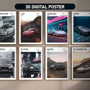 Set of 30 Most Popular Car Posters | Digital Download Gift for Car Fans | Cool Racing Wall Art, Sportscar Prints & Aesthetic Decor Bundle