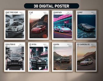 Set mit 30 beliebtesten Auto-Postern | Digital Download Geschenk für Auto Fans | Coole Rennsportwandkunst, Sportwagendrucke & ästhetisches Dekor im Bundle