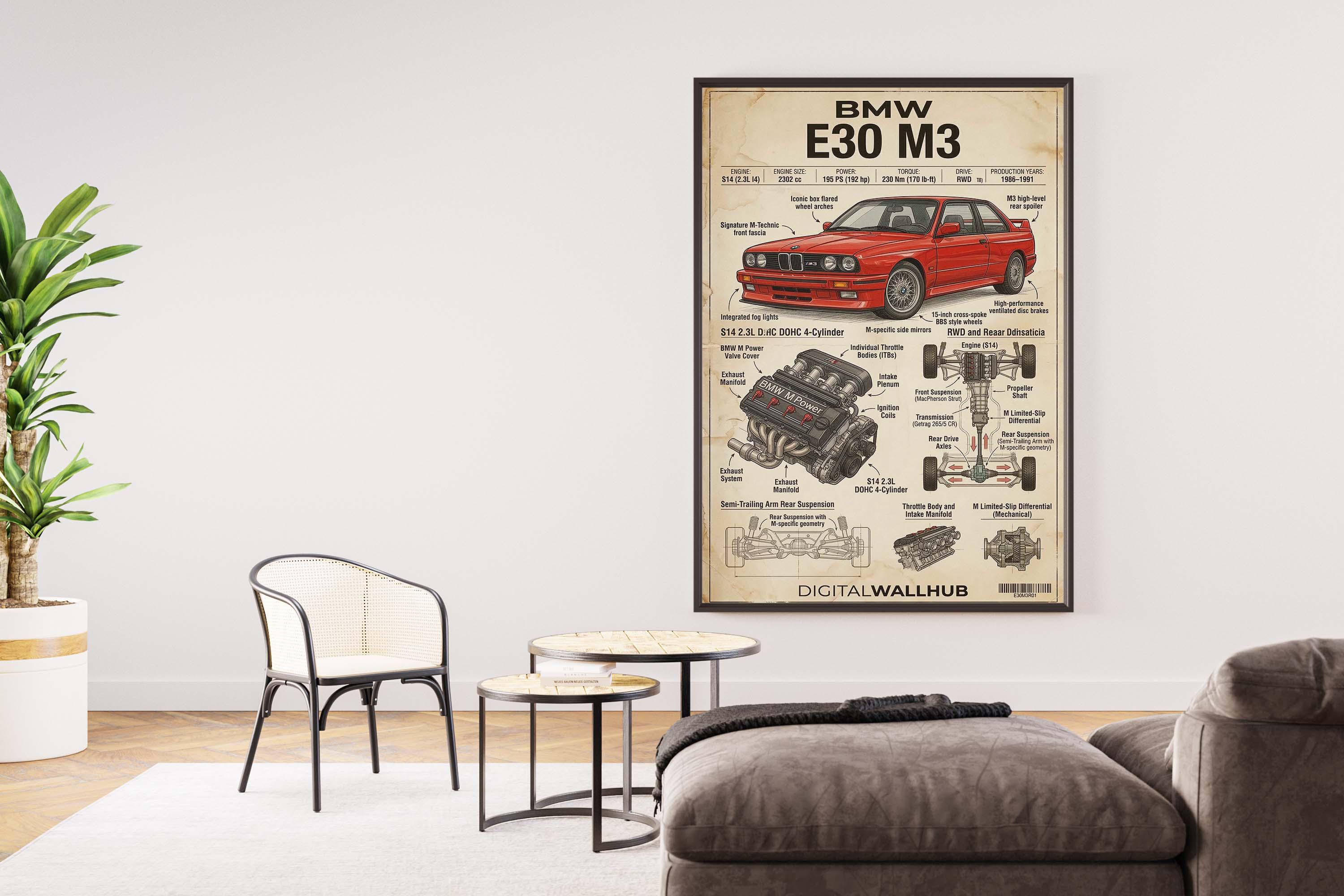BMW E30 M3 Blueprint Poster, German Sports Car Technical Art (digital ...