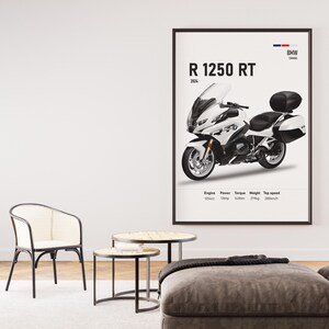 May include: A framed poster featuring a white BMW R 1250 RT motorcycle. The poster includes the model name, year, and specifications. The motorcycle is depicted in a studio setting, with a white background and a black frame. The poster is displayed in a modern living room.