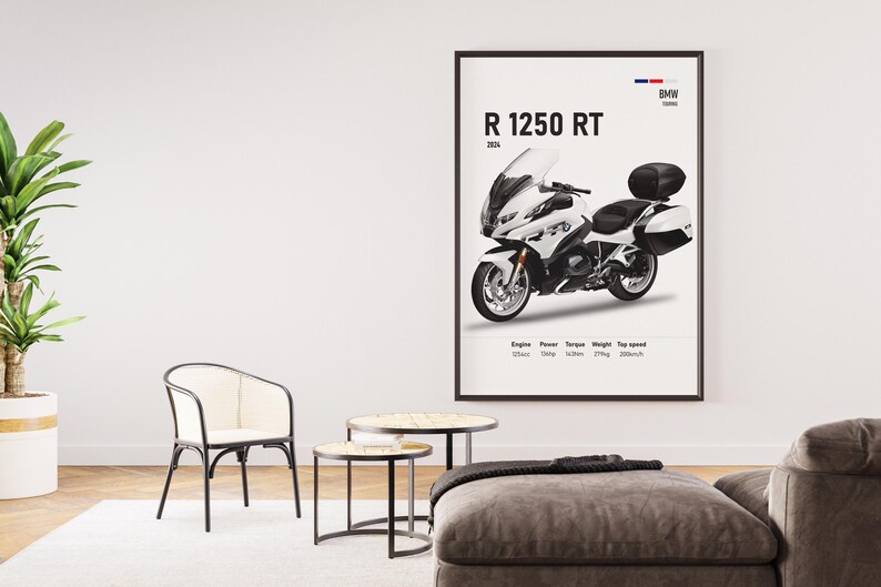 May include: A framed poster featuring a white BMW R 1250 RT motorcycle. The poster includes the model name, year, and specifications. The motorcycle is depicted in a studio setting, with a white background and a black frame. The poster is displayed in a modern living room.