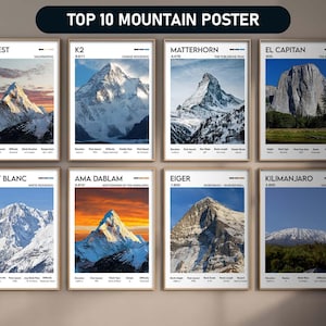 May include: A set of ten framed posters featuring iconic mountain peaks, including Everest, K2, Matterhorn, and El Capitan. Each poster displays a vibrant image of the mountain with its name and elevation. The posters are arranged in a grid, with a dark background.