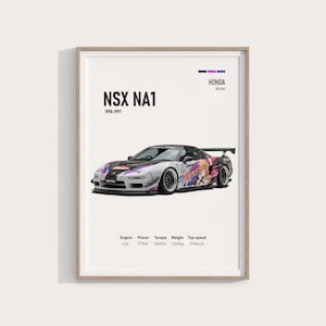 Könnte beinhalten: Gerahmter Druck mit einem Honda NSX NA1 Sportwagen. Das Auto ist silberfarben mit bunten Grafiken. Der Text auf dem Druck enthält "NSX NA1 1990-1997" und Spezifikationen: 3,0-Liter-Motor, 270 PS, 284 Nm Drehmoment, 1340 kg Gewicht und 270 km/h Höchstgeschwindigkeit.