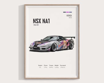 Honda Acura NSX NA1 Anime Poster, JDM Sports Car Art, 90s Pop Up Headlights Print, Vaporwave Manga Decor, Gaming Room Gift, Digital
