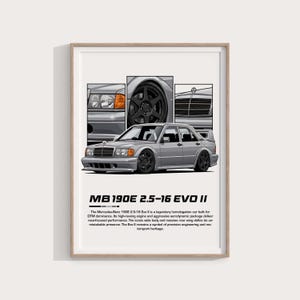 Puede incluir: Impresión enmarcada con una ilustración de un coche Mercedes-Benz 190E 2.5-16 EVO II plateado. La obra de arte incluye secciones detalladas del coche y el texto: "MB 190E 2.5-16 EVO II". El coche tiene ruedas negras y un alerón trasero.