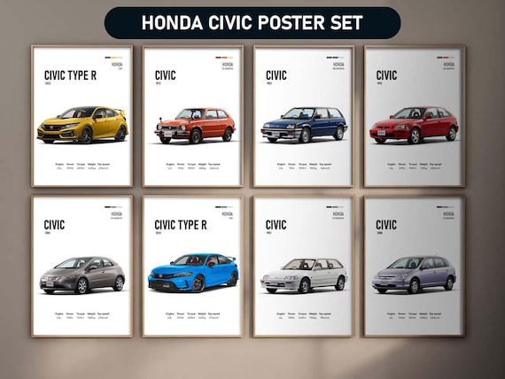 Honda Civic Evolution Poster Set: JDM Car Art, All Generations