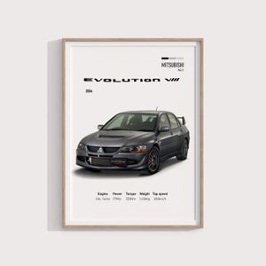 Może przedstawiać: Czarny samochód rajdowy Mitsubishi Evolution VIII z 2004 roku. Samochód ma białe tło, a tekst "Mitsubishi Rally Evolution VIII 2004" znajduje się nad samochodem. Pod samochodem znajduje się tekst "Silnik: 2.0L Turbo, Moc: 276 KM, Moment obrotowy: 353 Nm, Masa: 1450 kg, Prędkość maksymalna: 250 km/h."