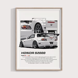 Op de afbeelding: Een witte Honda S2000 Amuse sportwagen met een widebody-kit, een grote achtervleugel en de tekst "AMUSE" op de achterbumper. De auto staat op een witte achtergrond.