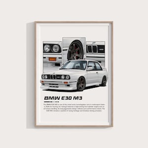 May include: Framed print of a white BMW E30 M3 car. The artwork shows the car's details, including the front, side, and rear views, plus close-ups of the headlights, wheel, and grill. The text "BMW E30 M3" is at the bottom.