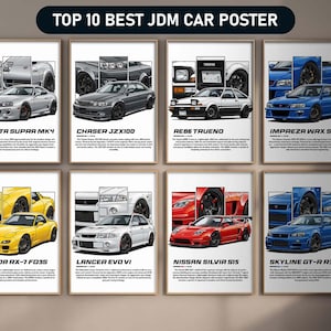 Puede incluir: Diez carteles enmarcados que muestran ilustraciones de coches clásicos del mercado interno japonés (JDM). Los carteles presentan modelos como el Toyota Supra MK4 y el Skyline GT-R R34. El texto "TOP 10 BEST JDM CAR POSTER" está en la parte superior.