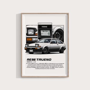 May include: Framed art print featuring a white and black Toyota AE86 Trueno car illustration. The print includes detailed sections of the car, the license plate, and the text "AE86 Trueno". The car is depicted in a dynamic pose.