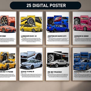 Lote de 25 pósteres de coches populares / Impresión digital para regalar a aficionados y coleccionistas de coches / Arte mural de carreras, impresiones de coches deportivos / Decoración JDM