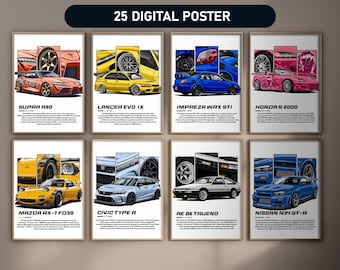 Set of 25 Popular Car Posters | Digital Print Gift for Car Fans & Collectors | Racing Wall Art, Sportscar Prints | JDM Decor Bundle