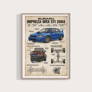 Puede incluir: Impresión enmarcada de un Subaru Impreza WRX STI 2004 azul. La impresión incluye diagramas del motor, la suspensión y otros componentes. El texto detalla las especificaciones del motor, la potencia y la transmisión.