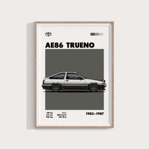 Puede incluir: Impresión enmarcada con una ilustración de un coche AE86 Trueno blanco y negro. La impresión incluye las especificaciones del coche: 128 CV, 8,5 seg, 950 kg, 1,6 L, 200 km/h y 149 N/m. También se muestra el texto "AE86 TRUENO" y los años de producción 1983-1987.