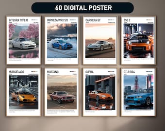 Set of 60 Most Popular Car Posters | Digital Download Gift for Car Fans | Cool Racing Wall Art, Sportscar Prints Aesthetic Decor Bundle Set