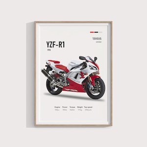 May include: A white and red Yamaha YZF-R1 Superbike motorcycle from 1998. The motorcycle has a 998cc engine, 150 horsepower, 106Nm of torque, weighs 177kg, and has a top speed of 299km/h.