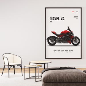 Pu&ograve; includere: Un poster con una moto Ducati Diavel V4 rossa con ruote nere e telaio nero. Il poster presenta il testo "Diavel V4" e "Ducati" in nero su sfondo bianco.