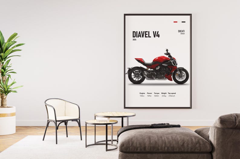 Pu&ograve; includere: Un poster con una moto Ducati Diavel V4 rossa con ruote nere e telaio nero. Il poster presenta il testo "Diavel V4" e "Ducati" in nero su sfondo bianco.