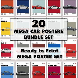May include: A set of 20 car posters, each featuring a different classic car model in a minimalist style. The posters are ready to print and include models like the Diablo, Miata, and Supra MK3. The text "MEGA CAR POSTERS BUNDLE SET" is displayed.
