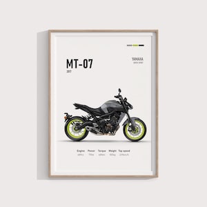May include: A black and gray Yamaha MT-07 motorcycle with green wheels. The motorcycle is a 2017 model and has a 689cc engine, 75 horsepower, 68 Nm of torque, weighs 182 kg, and has a top speed of 229 km/h.