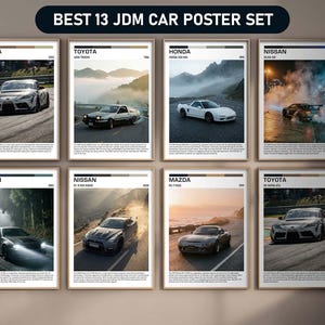 May include: A set of framed posters featuring various JDM (Japanese Domestic Market) cars. Each poster showcases a different car model, with the car's name and year displayed. The posters have a minimalist design with a color palette that complements the car's color.