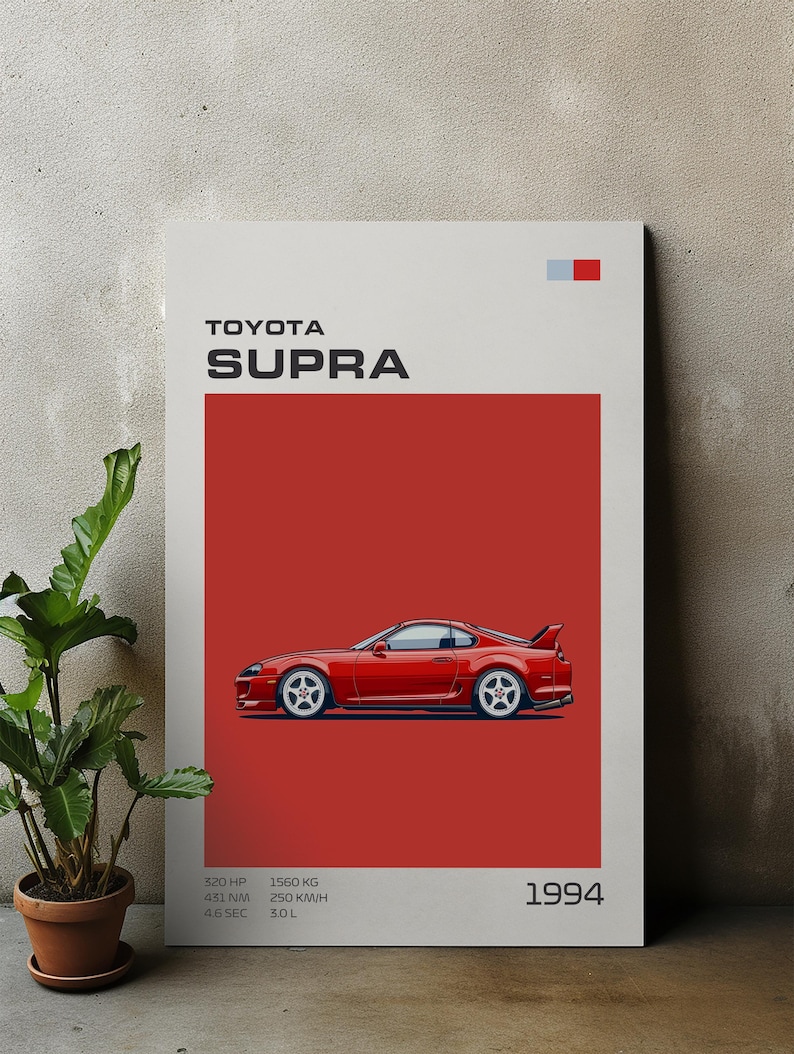 May include: A red Toyota Supra poster with the car's profile against a red background. The poster includes the text "TOYOTA SUPRA" and specifications: 520 HP, 1560 KG, 451 NM, 250 KM/H, 3.0 L, and the year 1994.