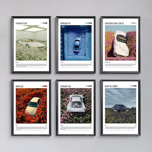 Lot de 6 posters de voitures esthétiques | Art mural en téléchargement numérique | Lot d&#39;impressions de voitures sympas | Décoration automobile moderne | Cadeau pour les amateurs de voitures | Chambre de garçons