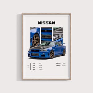 May include: A framed poster featuring a blue Nissan Skyline GT-R with bronze wheels. The design includes three close-up panels of the car, the text NISSAN, and technical specifications including a 2.6 L engine, 280 Hp, 392 Nm torque, and 1560 Kg weight.