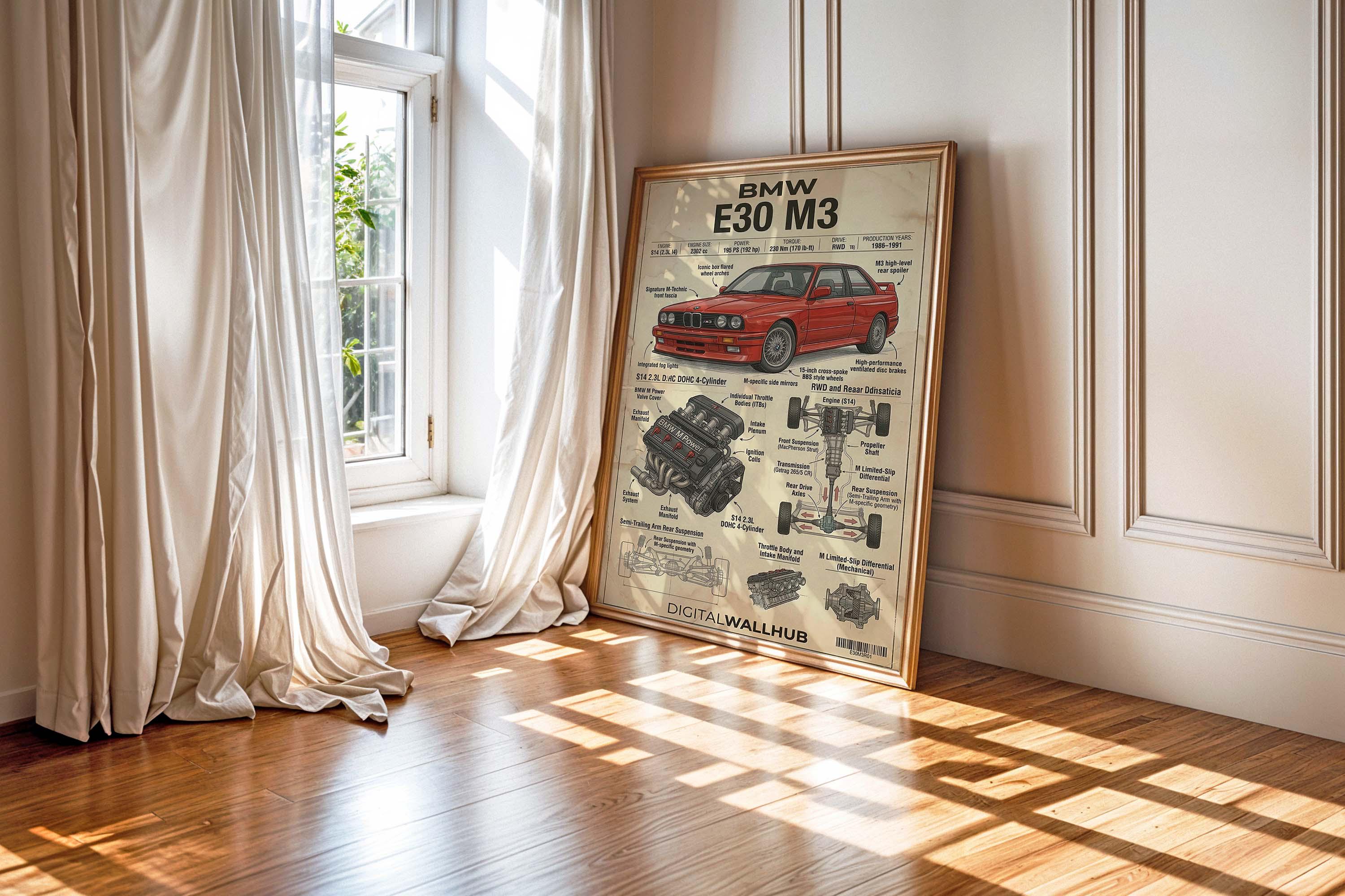 BMW E30 M3 Blueprint Poster, German Sports Car Technical Art (digital ...