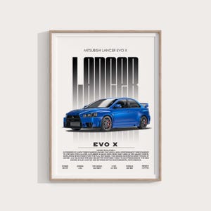 Puede incluir: Una impresión enmarcada con un coche azul Mitsubishi Lancer Evolution X. La impresión incluye el texto "Lancer" en letras negras grandes encima del coche y "EVO X" debajo. Las especificaciones técnicas se enumeran.
