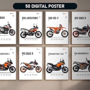 Conjunto de 50 carteles de KTM más populares / Regalo de descarga digital para fanáticos de las motocicletas / Arte mural de carreras genial, impresiones de bicicletas y paquete de decoración estética