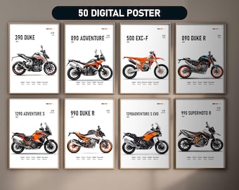 Set mit 50 beliebtesten KTM-Postern | Digital Download Geschenk für Motorrad Fans | Coole Racing-Wandkunst, Fahrrad-Drucke & ästhetisches Dekor im Bundle