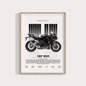 Könnte beinhalten: Gerahmter Druck mit einem schwarzen und blauen Yamaha YZF-R1M Motorrad. Das Bild enthält den Text "YAMAHA YZF-R1M" und Spezifikationen wie Leistung, Motor, Höchstgeschwindigkeit und Drehmoment. Das Motorrad hat ein schlankes, modernes Design.