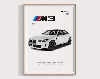 BMW M3 2025 Poster | Ultimatives Sport-Limousinen-Geschenk | Hochleistungs-Auto-Wandkunst für Sammler & Enthusiasten | M Power Dekor