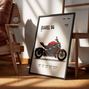 Pu&ograve; includere: Un poster in bianco e nero con una moto Ducati Diavel V4 rossa. Il poster riporta il testo "Diavel V4" e "Ducati". Il poster include anche la potenza del motore, la coppia, il peso e la velocit&agrave; massima della moto.