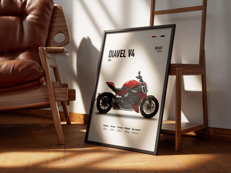 Pu&ograve; includere: Un poster in bianco e nero con una moto Ducati Diavel V4 rossa. Il poster riporta il testo "Diavel V4" e "Ducati". Il poster include anche la potenza del motore, la coppia, il peso e la velocit&agrave; massima della moto.