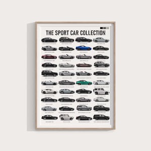 May include: A framed print titled "The Sport Car Collection" featuring illustrations of various sports cars. The print includes car models such as Porsche, BMW, and Mercedes-Benz, with model years and names displayed below each car.