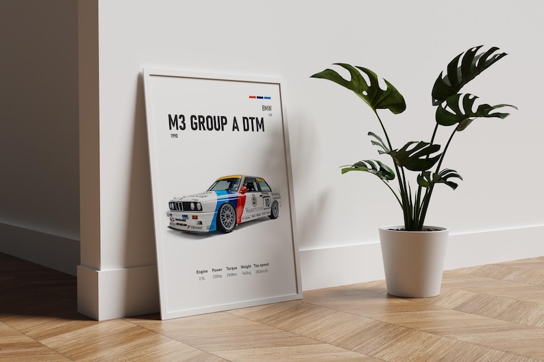 May include: A framed poster of a BMW M3 Group A DTM race car. The car is white with blue, red, and yellow details. The poster includes the car's specifications and the text "M3 GROUP A DTM 1995". A potted plant is next to the poster.