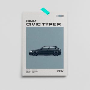 May include: Poster featuring a black Honda Civic Type R car illustration. The poster includes the text "HONDA CIVIC TYPE R" and specifications: 185 HP, 160 NM, 6.5 SEC, 1060 KG, 225 KM/H, and 1997. The poster is attached to a white surface with a teal tape.