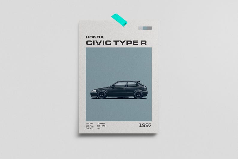 May include: Poster featuring a black Honda Civic Type R car illustration. The poster includes the text "HONDA CIVIC TYPE R" and specifications: 185 HP, 160 NM, 6.5 SEC, 1060 KG, 225 KM/H, and 1997. The poster is attached to a white surface with a teal tape.