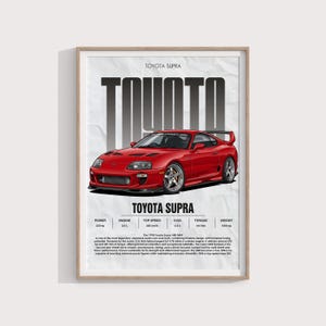 Könnte beinhalten: Gerahmter Druck mit einem roten Toyota Supra Sportwagen. Das Poster enthält Spezifikationen wie Motorleistung, Höchstgeschwindigkeit und Drehmoment. Der Text "TOYOTA SUPRA" ist oben prominent platziert.