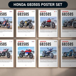 Pode incluir: Um conjunto de oito cartazes emoldurados com diferentes designs de motocicletas Honda GB350S. Cada cartaz exibe uma imagem da motocicleta, o logotipo da Honda e o nome do modelo. Os cartazes apresentam motocicletas em várias cores e estilos.