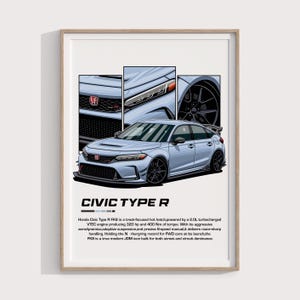 May include: A blue Honda Civic Type R FKB car with a red Honda logo on the front grille. The car is a hot hatch with a turbocharged engine and a 6-speed manual transmission. The text "CIVIC TYPE R" is written in white letters on a black background.